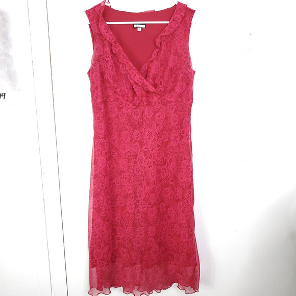 Vintage Dress Womens 14 Midi Mesh Floral Overlay Babydoll Empire Waist Pink - Picture 1 of 11